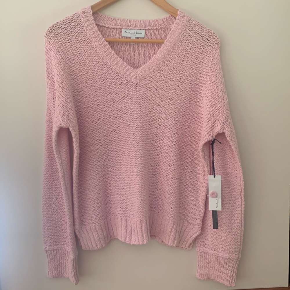 NWT Michael Stars pink cotton open weave long sleeved V-neck pull over sweater